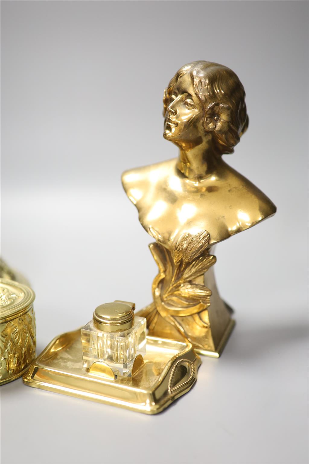 An Art Nouveau bust of a lady, 22cm high an inkwell and box and bronze dome ornament